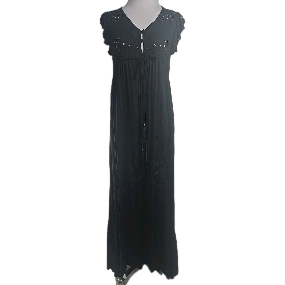 Tiare Hawaii Black Rayon Button Front Ruffle Eyelet Swim Cover Maxi Dress O/S